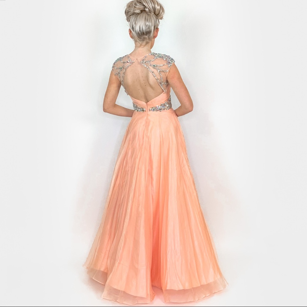 Peach Illusion Rhinestone Prom Pageant Dress - Picture 5 of 8